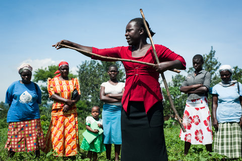 One Acre Fund field officer Caroline Atieno demonstrates how farmers can use a stick to space rows for planting in Kakamega, Kenya.Credit Hailey Tucker