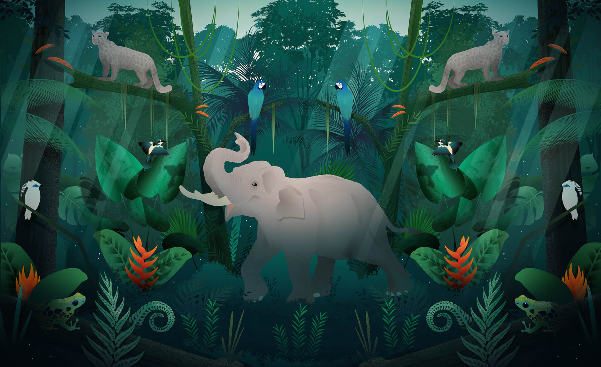 Forest scene with frogs, birds, palms, leopards, and an elephant.