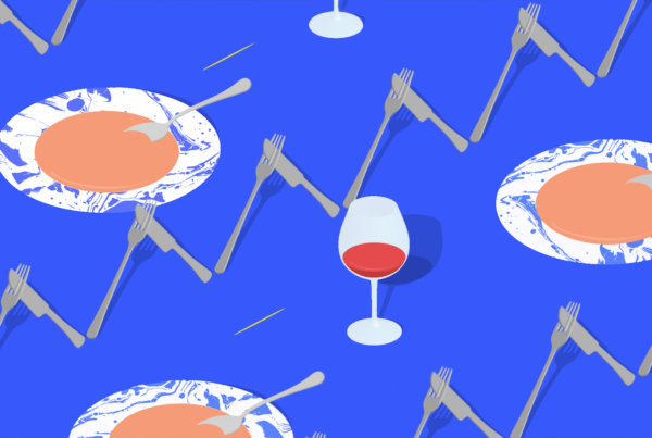 An illustration for Jeffersonian Dinners with forks, knives, soup bowls, and wine glasses