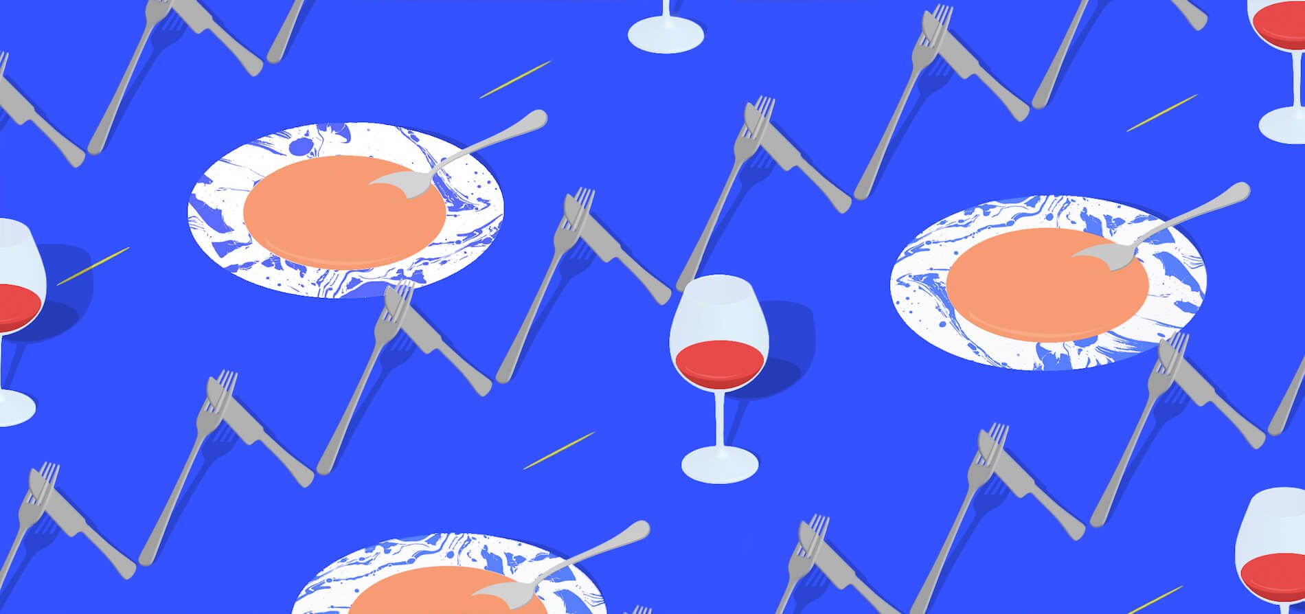 An illustration for Jeffersonian Dinners with forks, knives, soup bowls, and wine glasses