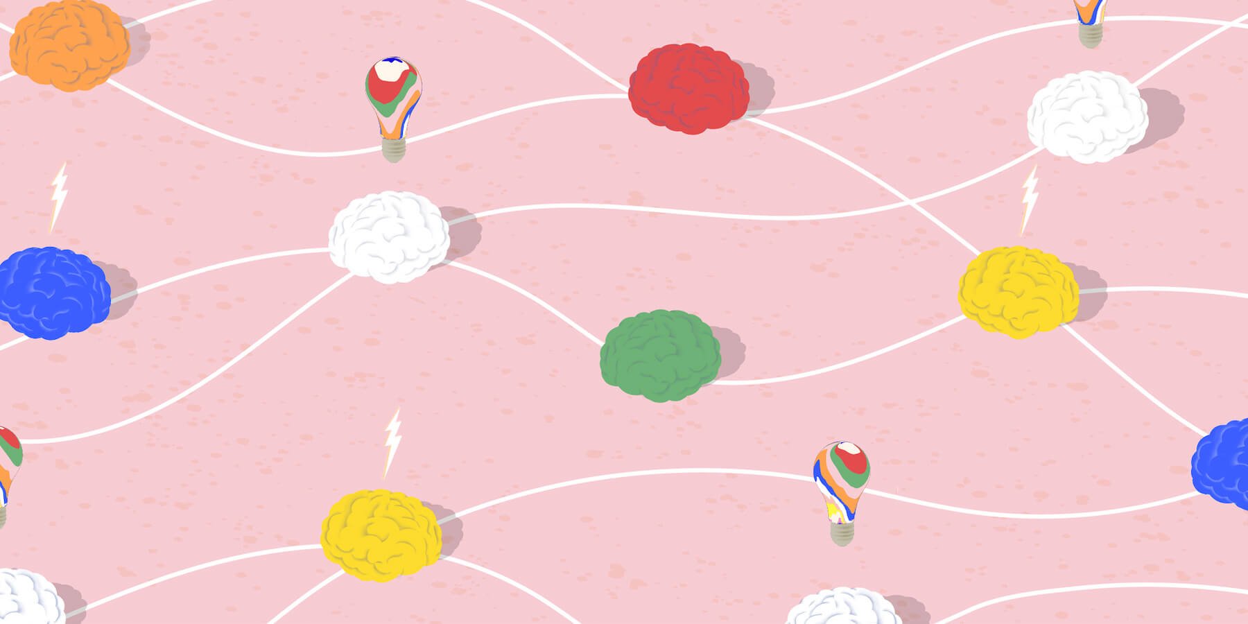 colorful brains, lightbulbs, and lightning bolts floating in a pink scene